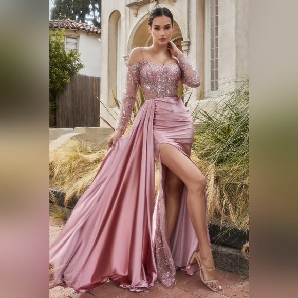 Royal,long sleeve beaded off the shoulder fitted leg slit floor length gown - Picture 6 of 9